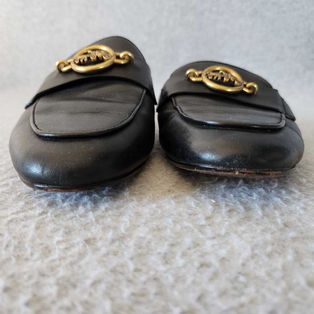 Coach Scotty Black Leather Slide-On Mule Flat Gold Carriage Chain-link - Picture 10 of 12